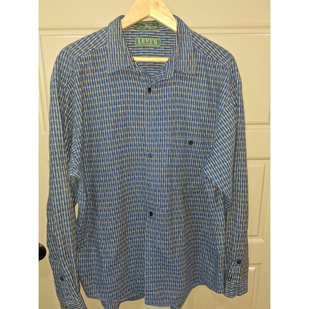 Vintage Levis Sutter Creek Mens Shirt XL Flannel Blue Western Chore Plaid Check